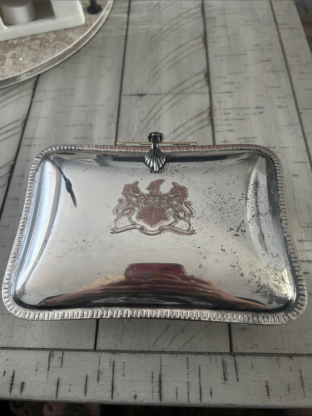 Vintage Silver Plated over copper Crest Decorative Silent Butler/Trinket Box